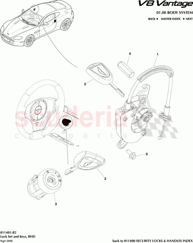 Lock Set and Keys (RHD) of Aston Martin Aston Martin V8 Vantage (upto 2016)