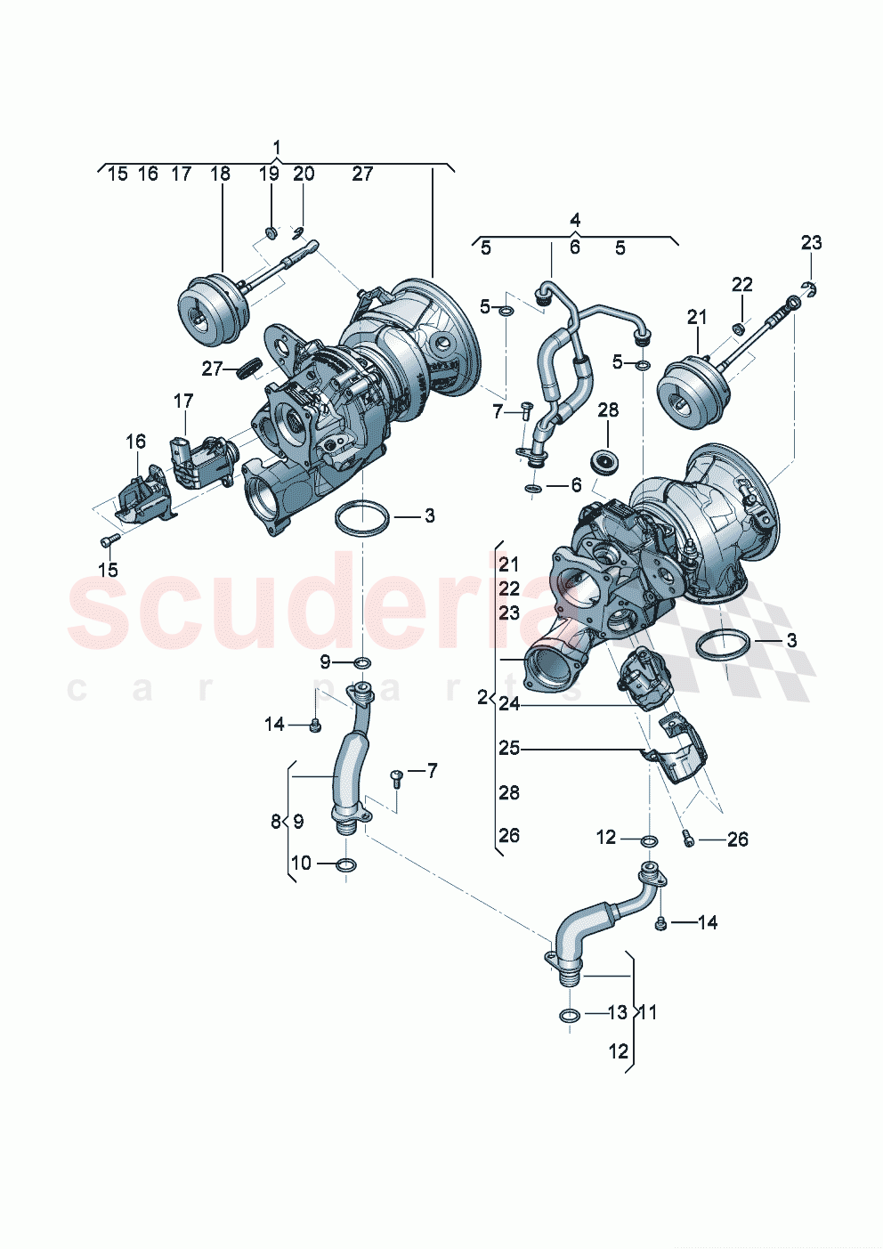 Exhaust gas turbocharger (water-cooled) Oil pressure line Oil return line D - MJ 2024>> of Bentley Bentley New Flying Spur (2020-2024)