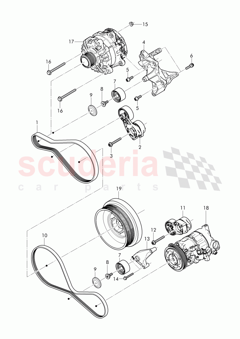 Alternator, connecting and mounting parts, for alternator, v-ribbed belt, tensioning lever with relay, roller of Bentley Bentley Bentayga (2015-2020)
