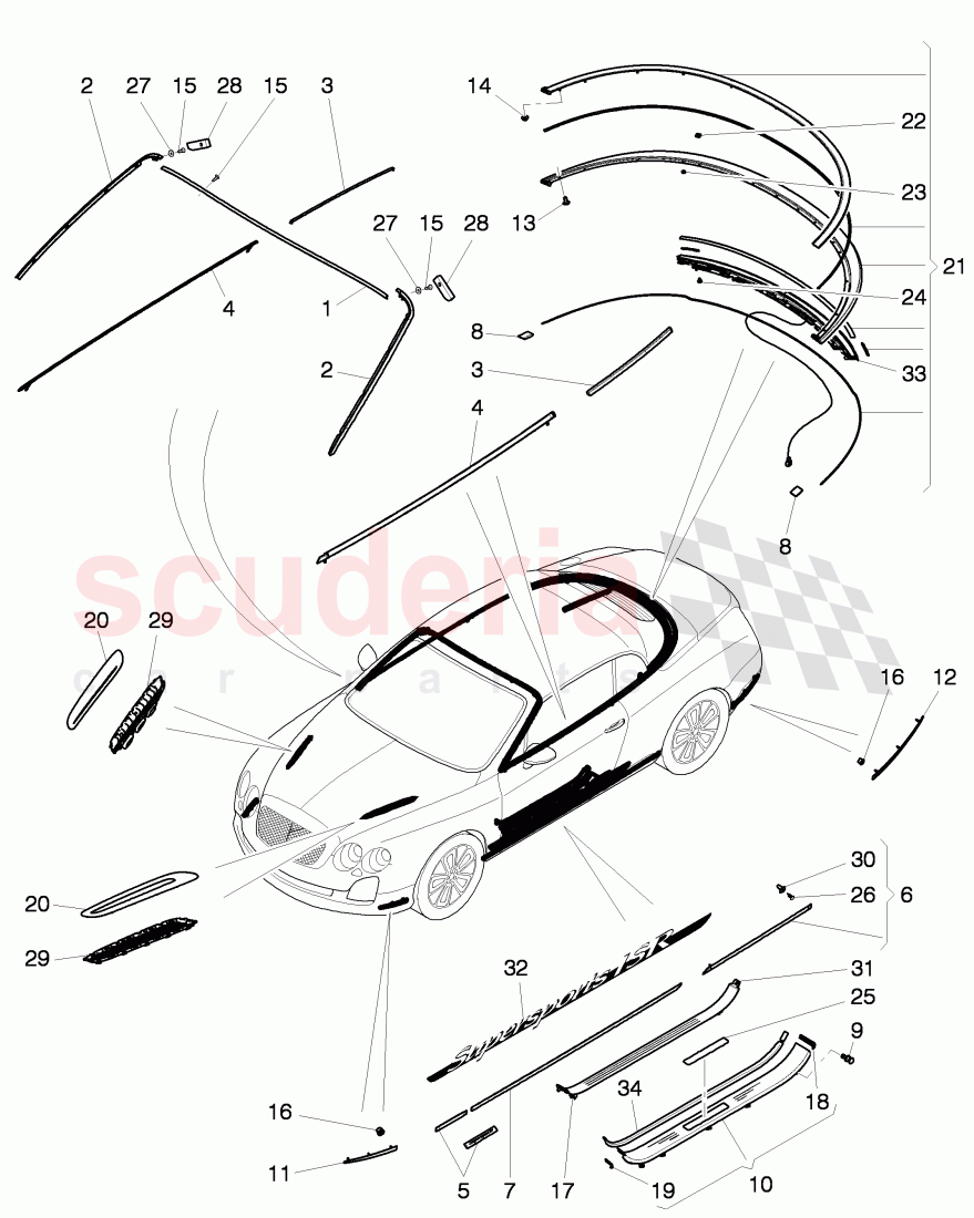 moldings for windshield, door, side and rear window, fender, door and side panels, sill panels, trim strip for bumper of Bentley Bentley Continental Supersports (2009-2011)