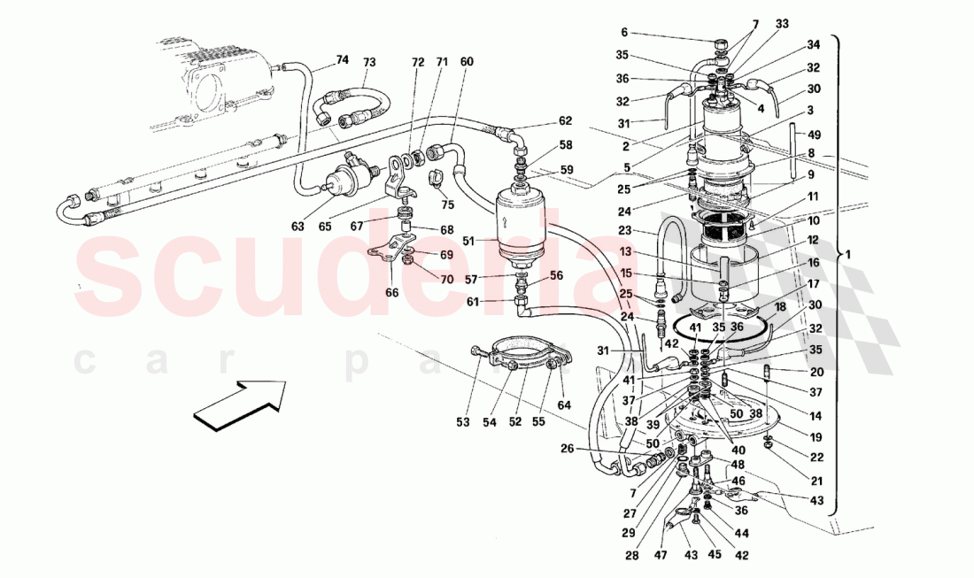 フェラーリ348センター通気口 FUEL PUMP AND PIPES parts for Ferrari 348 (2.7 Motronic)