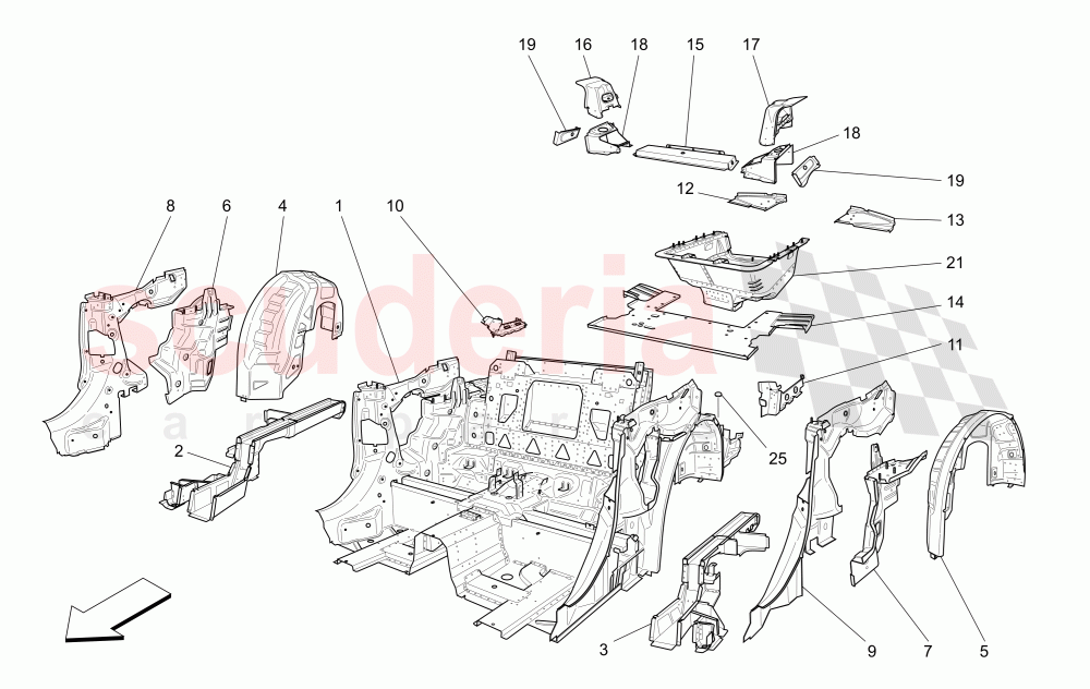 REAR STRUCTURAL FRAMES AND SHEET PANELS of Maserati Maserati GranCabrio (2013+) Sport
