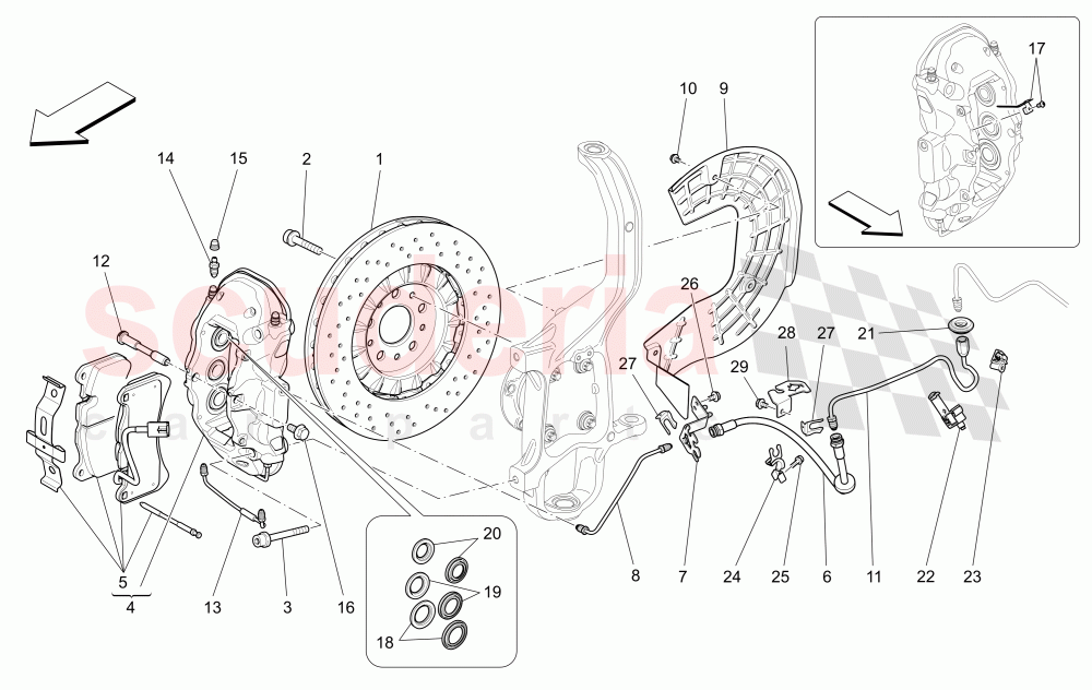 BRAKING DEVICES ON FRONT WHEELS (Available with: DUAL CAST BRAKING SYSTEM (FRONT - 360 MM) CAST-IRON (REAR - 345 MM) Not available with: Dual Cast Braking System (Front - 345 mm) ; (Rear - 330 mm) - Coloured brake calipers, Dual Cast Braking System (Front - 345 mm) ; (Rear - 330 mm)) of Maserati Maserati Ghibli (2014-2016) Diesel