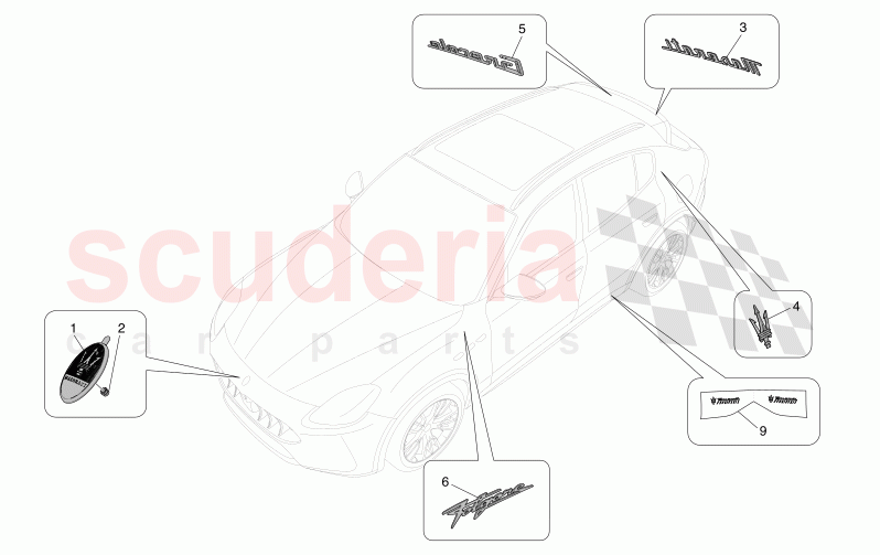 TRIMS, BRANDS AND SYMBOLS of Maserati Maserati Grecale Folgore Automatic 4WD BEV 400 kW