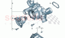 Coolant pump with glued in sealing ring Coolant regulator housing with thermostat